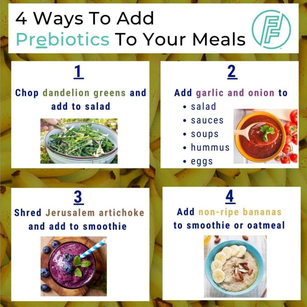 Infographic of examples of how to incorporate foods from the prebiotic foods list pdf unto your meals. This infographic includes 4 examples. 