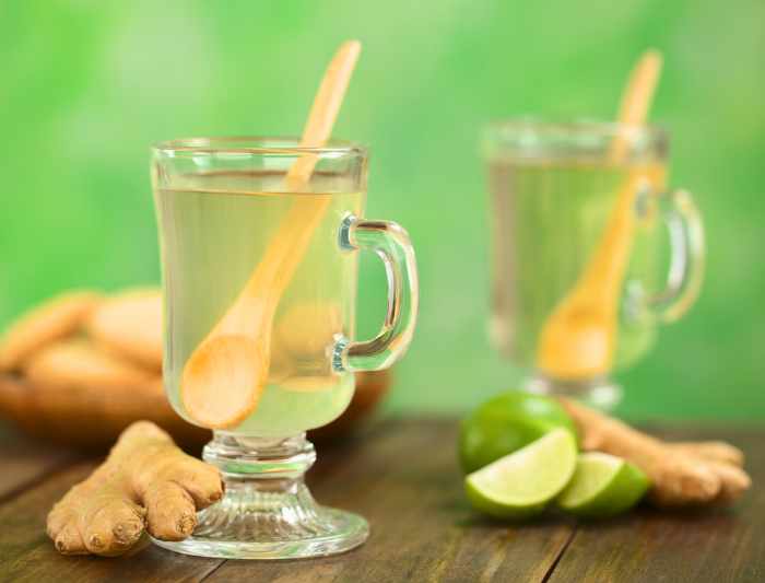 Two cups of ginger tea for digestion which are great for helping nausea and an upset stomach. 