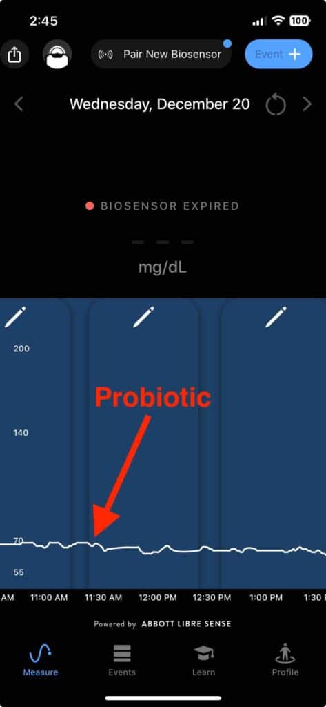 Screenshot of taking probiotics a 2nd time to answer the question do probiotics break a fast. The continuous glucose monitor reading in this photo shoes it does not. 