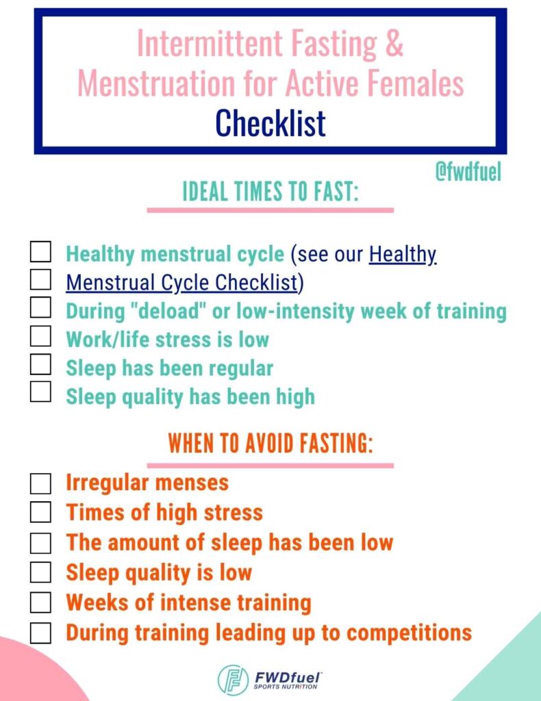 Intermittent fasting and menstruation checklist for fasting while on your period explaining the best times to fast or avoid fasting. 