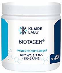 Bottle of SFI BiotaGen which is a great prebiotic supplement to be taken when eating foods off of the prebiotic foods list pdf. 