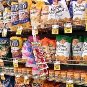 Bags of chips and pretzels which are a "barcode food", one of the worst foods on the leaky gut diet food list.