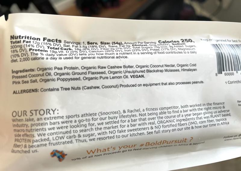 Ingredient list from RAWR Organics Protein Bars- one of the best all natural protein bars. 