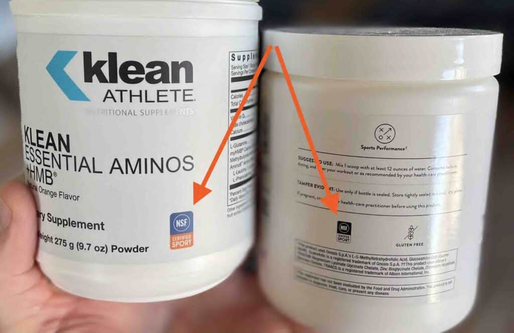 Supplements tubs for weight gainer shakes from Klean Athlete and Thorne with NSF Certified for Sport Certification 