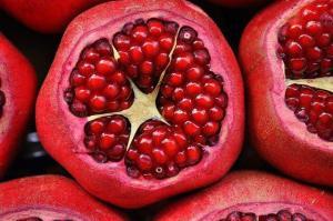 Half sliced open pomegranates which are to be consumed as a stress reducing food. 