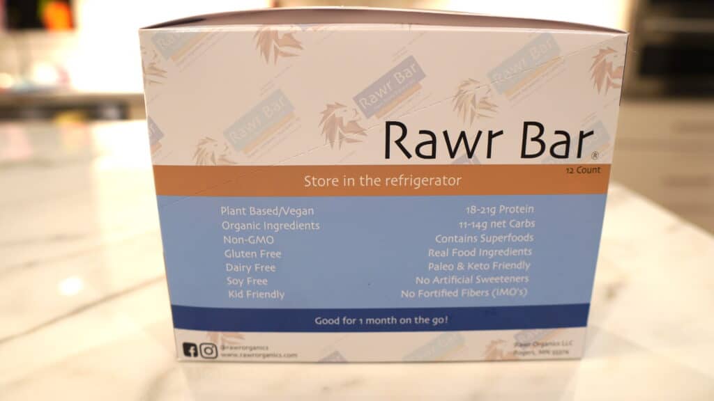 Box of RAWR Organics Plant Based high protein bars, the best all natural protein bar