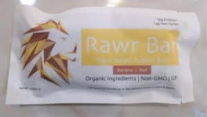 Single RAWR Organics all natural protein bar in wrapper.