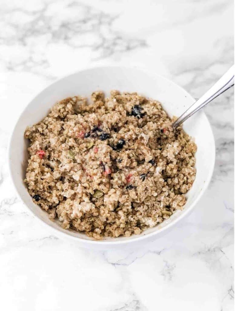 Bowl of Superfood Quinoa Breakfast Porridge which is a great elimination diet breakfast recip.  