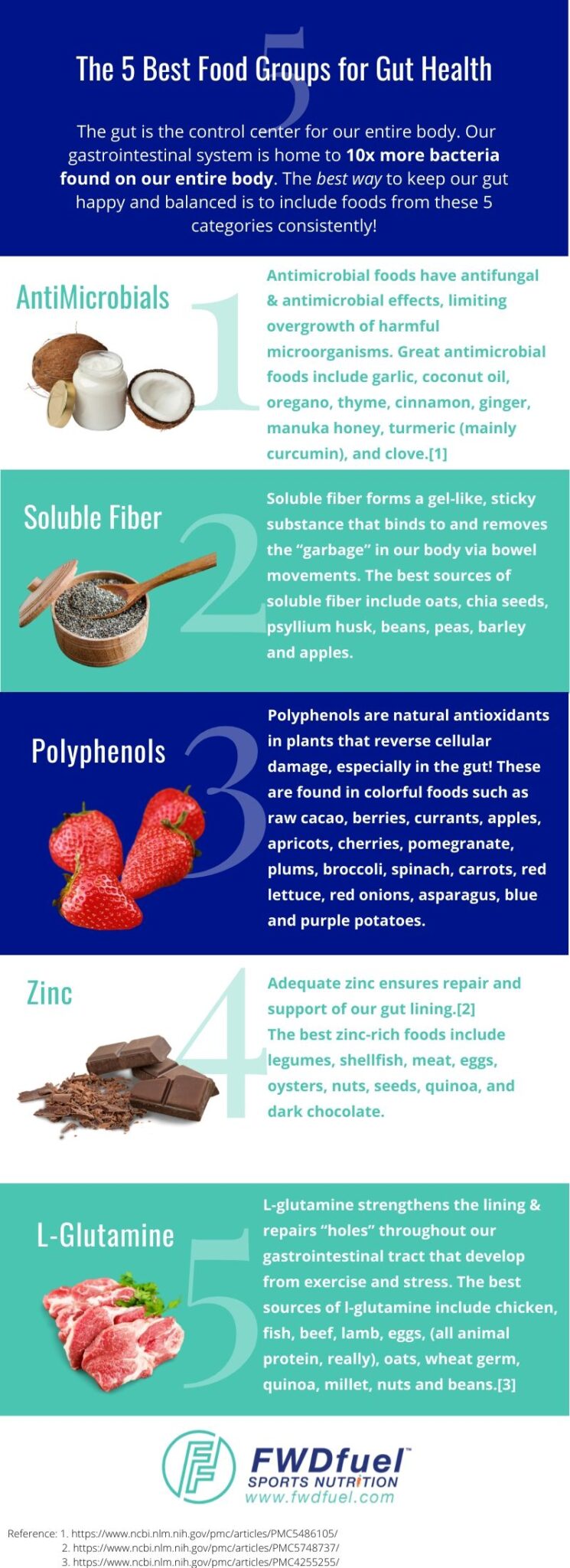 Infographic of the 5 best foods groups for gut health. 