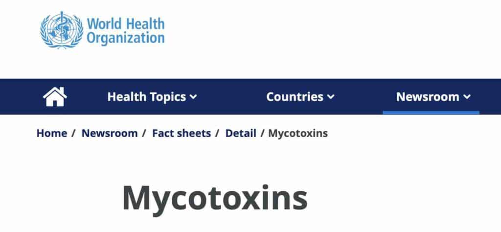 Screenshot showing that the World Health Organization specifically discusses mycotoxins. 