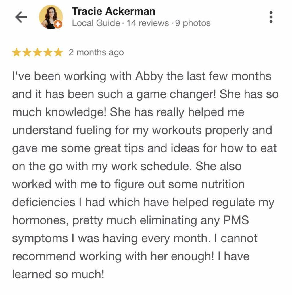 Google Testimonial from Tracie on improving performance and eliminating PMS symptoms.  