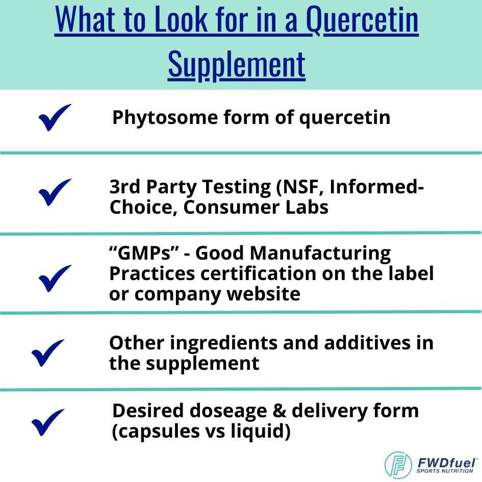 Infographic explaining what things to look for when selecting the best quercetin supplement. The best quercetin brands will use a phytosome form and have 3rd party testing to confirm quality. 