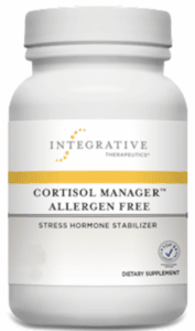 Bottle of Cortisol Manager by Integrative Therapeutics which is a powerful adaptogen blend with ashwaghanda to make. ita great cortisol supplement to reduce stess and normalize hormone levels. 