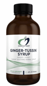 Bottle of Designs for Health Ginger-Tussin Syrip, one of the best ginger supplements for inflammation and a sore throat. 