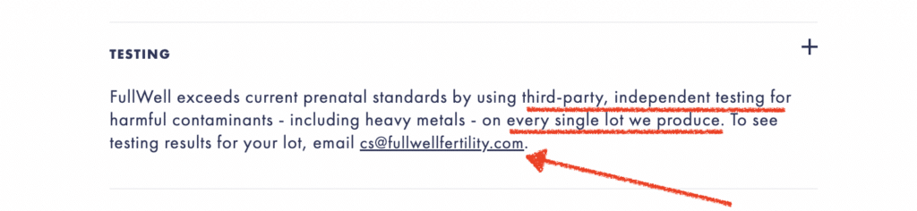 Screenshot of FullWell prenatal showing their 3rd party testing. 