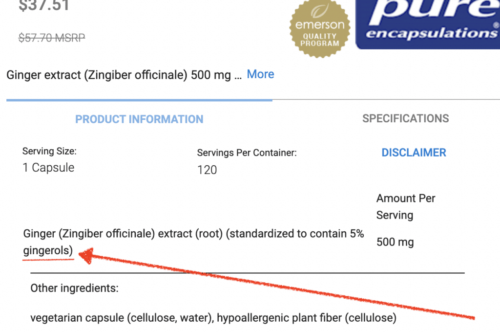 Screenshot of Pure Encapsulations Ginger Extract highlighting and pointing to the amount of gingerols in each dose. 