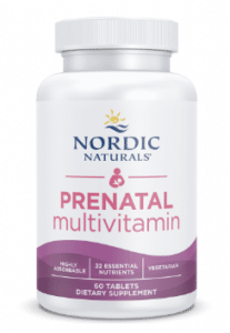 Bottle of Nordic Naturals Natural Prenatal Multivitamin with DHA, arguably the best natural prenatal vitamins with DHA