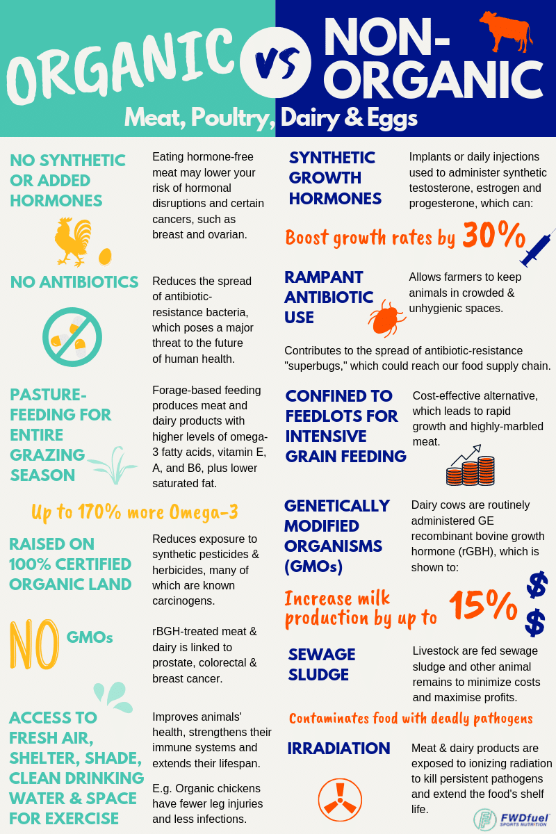 infographic discussing organic vs non-orgnaic meat, poultry, dairy, and eggs. 