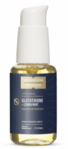 Bottle of Liposomal Gluathione from Quicksilver, the Best Glutathione Supplement Brand. If wondering what is the best form of glutathione to take, this is one of the best forms as it is a liposomal liquid and starts to absorb immediately in the mouth.